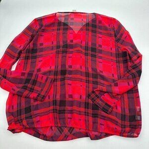 LOFT Womens Blouse XL Sheer V Neck Plaid Red Casual Lightweight Long Sleeves